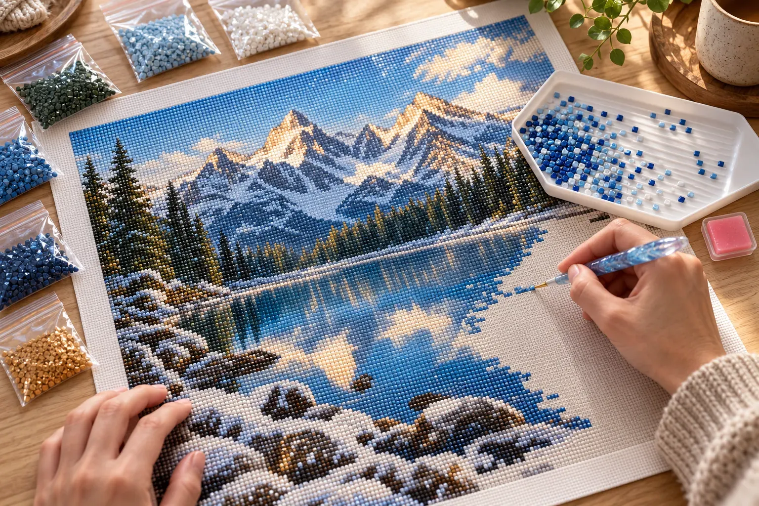 Broderie diamant en cours représentant un paysage de montagne au bord d'un lac, avec stylet