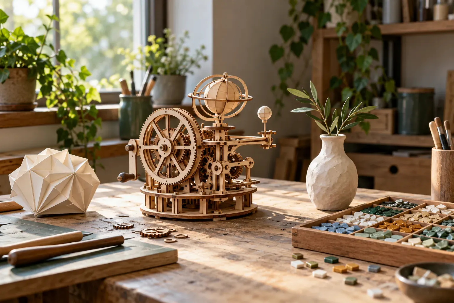 Établi avec une maquette en bois, des tesselles de mosaïque, un vase en argile et une pièce en papercraft