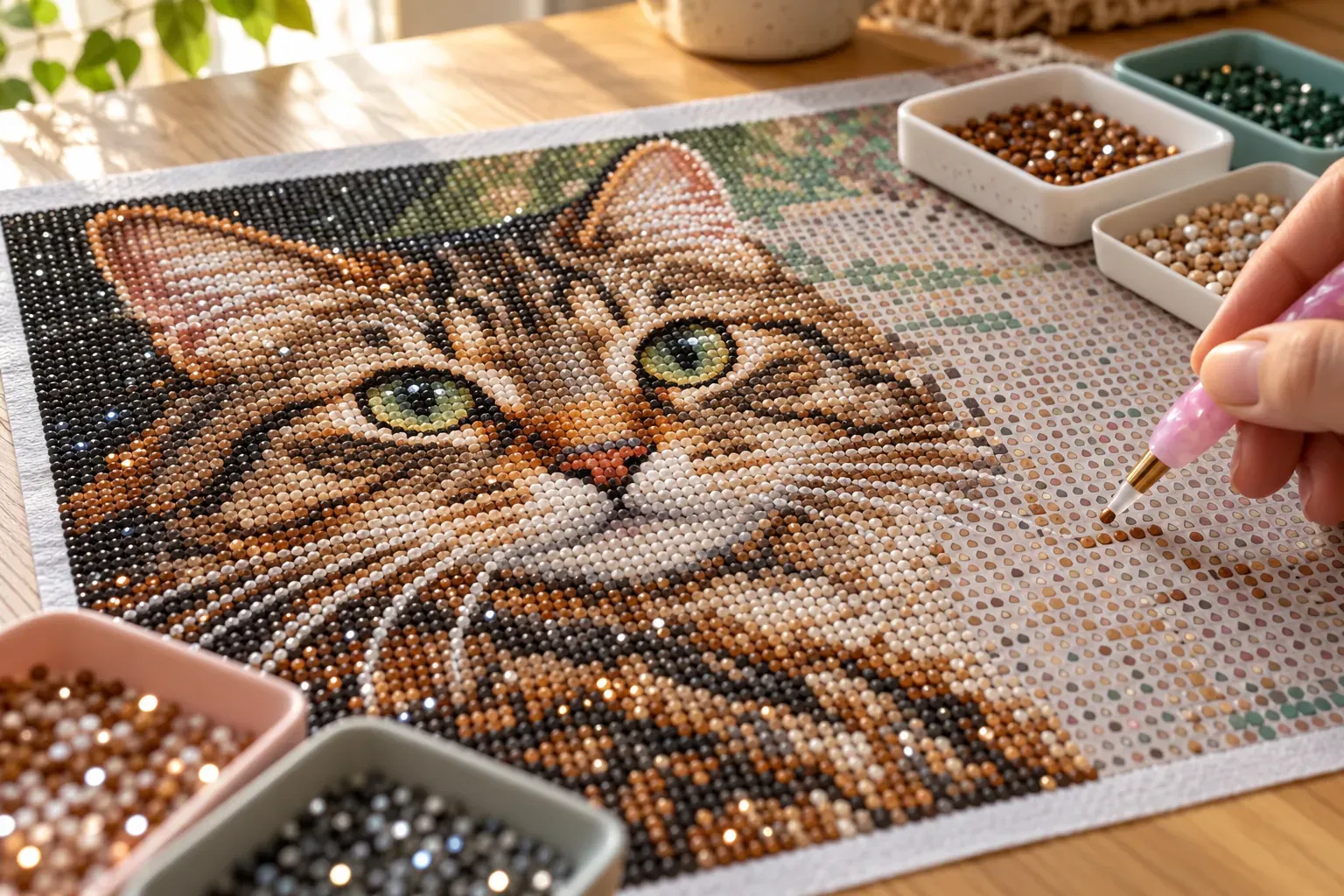 Broderie diamant chat tigré en cours de réalisation, stylet et perles colorées sur une table